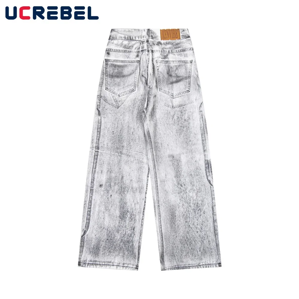 Splash Ink Jeans Mens Washed Distressed High Street Loose Pocket Wide Leg Pants Denim Trousers Men