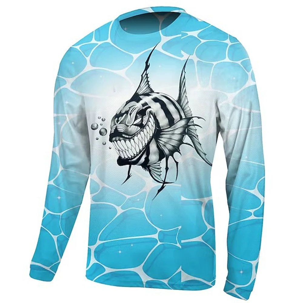 2024 Men\'s Fishing Shirt Long Sleeve Piranha Sea Wave Print Outdoor Running Training Breathable O Neck T-Shirt Fishing Clothing