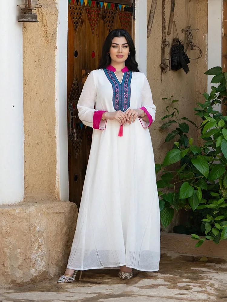 2025 femmes blanc décontracté à la mode ample épissé à manches longues robes élégantes femme Abaya Jalabiya vêtements arabe musulman mode