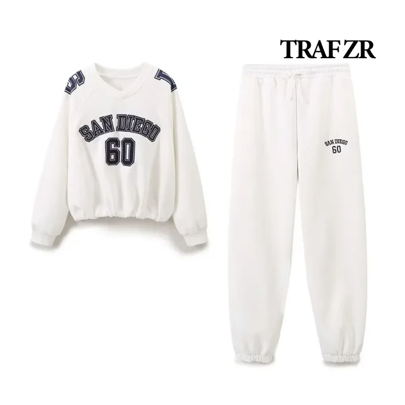 TRAF ZR Women\'s Set Two Pieces White Letter Printing Sweatshirts Sets Elegant Casual Women\'s Set Autumn Outfits Sweat Suit Sets