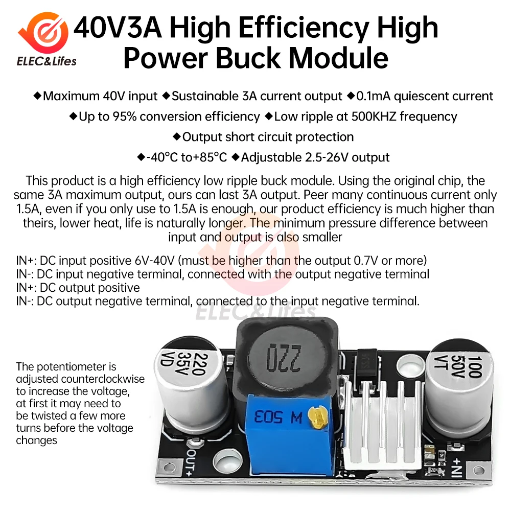 DC-DC понижающий конвертер Модуль питания Buck понижающая плата DC 6-40V до 3,3 V 5V 9V 12V 24V 2,5-26V 3A для Arduino