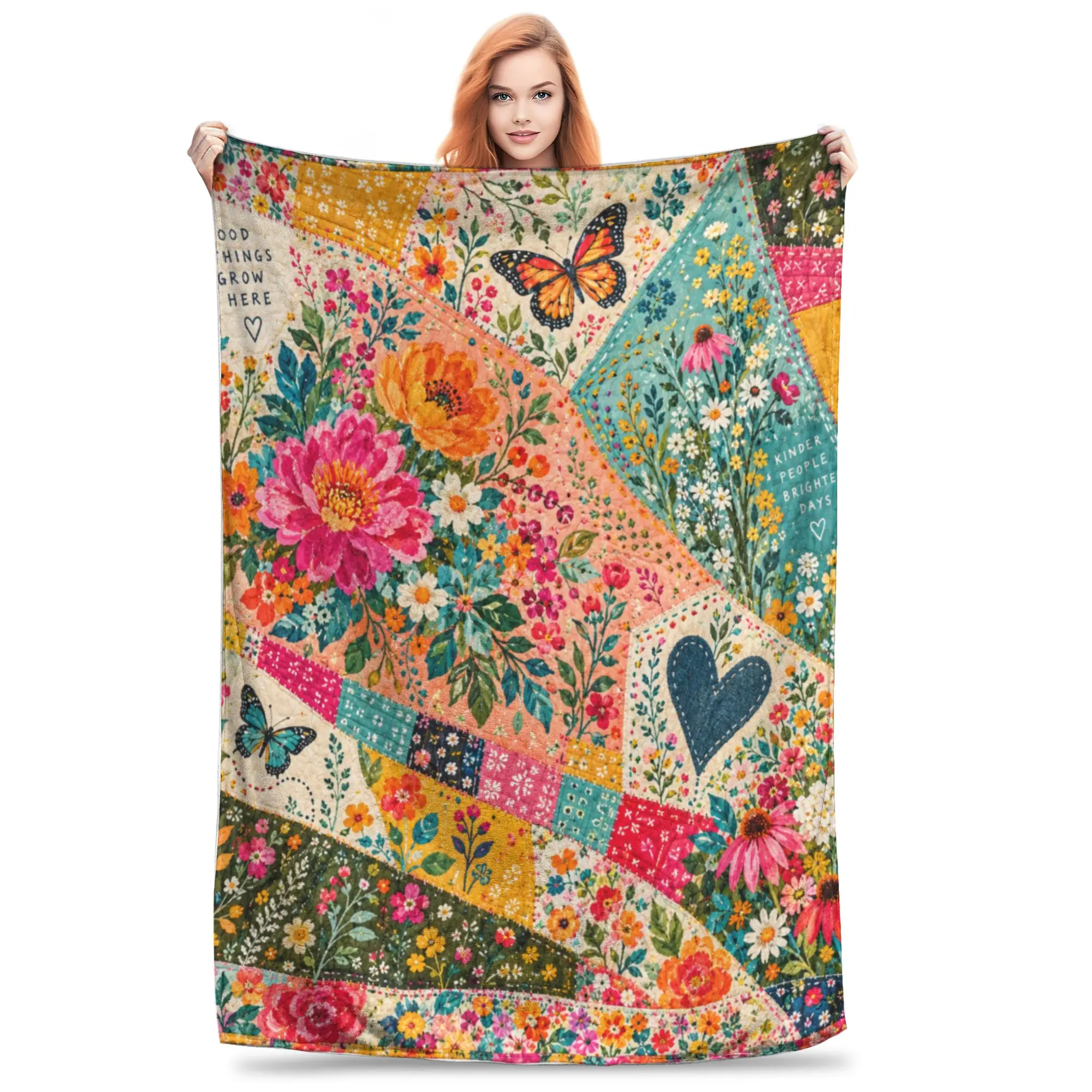 1PC Patchwork Flower Butterfly Quilt Heart Print Cozy Plush Blanket Love Print  Blanket Throw Super Cosy Plush Living Room Sofa