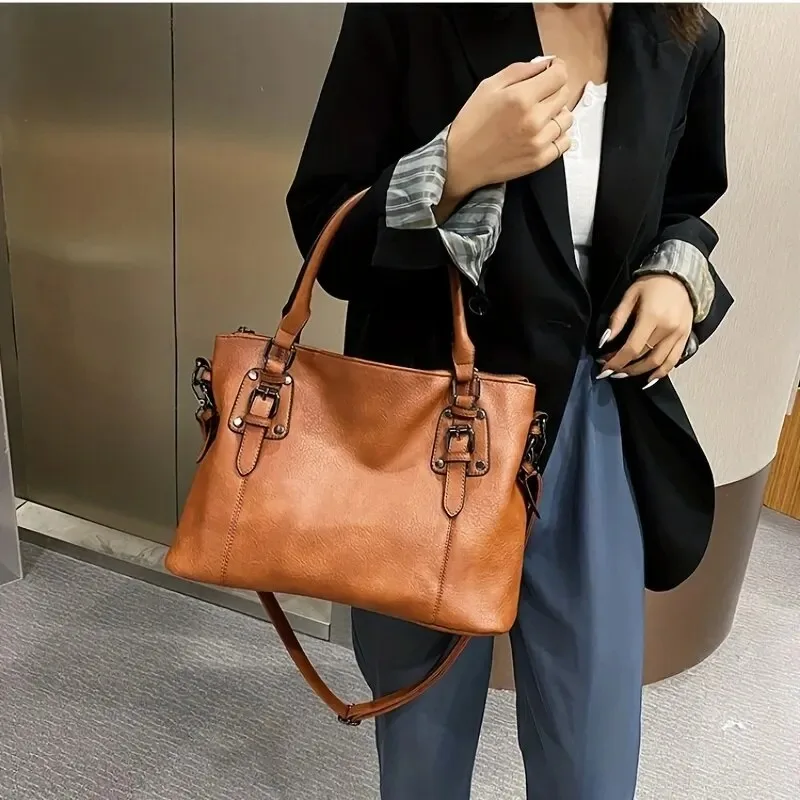 Large Capacity Tote Bag Retro Designer Women Handbags Soft Pu Leather Multi-pocket Casual Ladies Shoulder Crossbody Bag