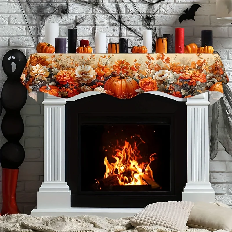VIKAMA Fall Fireplace Mantel Scarf Floral Pumpkin Mantel Topper Harvest Fireplace Shelf Cover Thanksgiving Indoor Home Decor