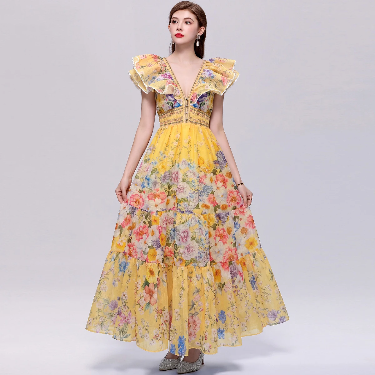 Elegant Women Chiffon Print Dress Lantern Sleeve Slim Fit High Waist Flare Skirt Romantic Date Night Spring Casual Gown