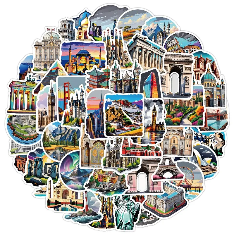 50PCS World Landmark Spot Graffiti Sticker Water Cup Waterproof Decorative Sticker Creative Stationery Sticker