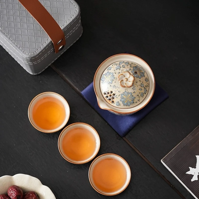 

Blue & White Ru Porcelain Travel Tea Set - 1 Teapot 3 Cups, Portable Kung Fu Ceremony Kit with Lotus Pattern & Compact Case