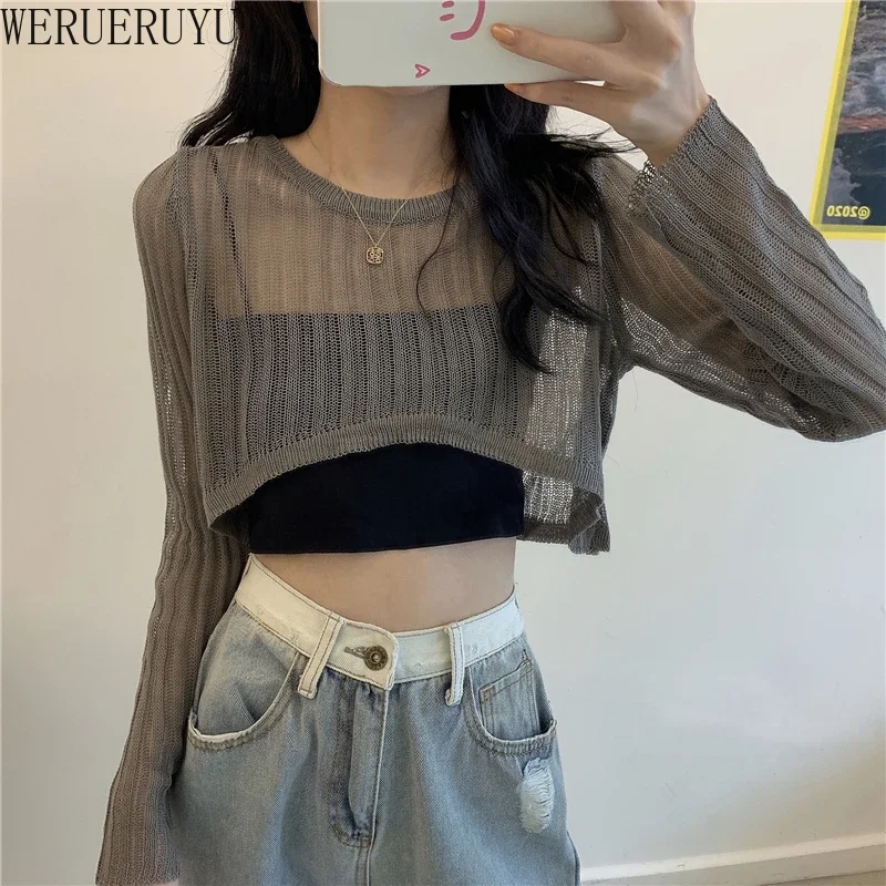 WERUERUYU Women Summer T Shirts Super Short Sexy Long Sleeve See Through Tops Solid Korean Style Clothes