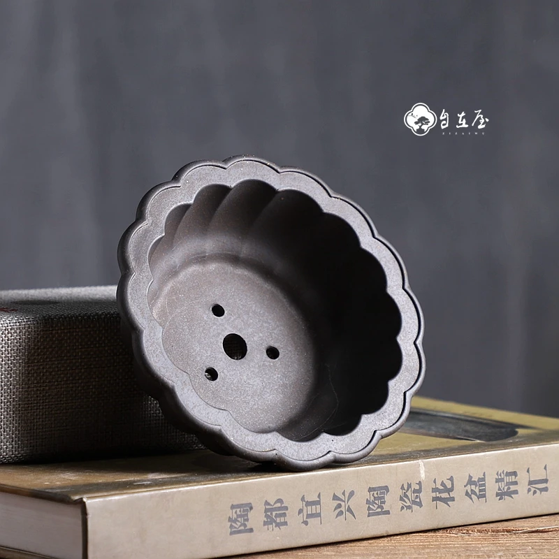 Ceramic Chrysanthemum Shape Flower Bonsai Pot,Tradition Chinese Handmade Purple Sand Vase,Garden Decoration