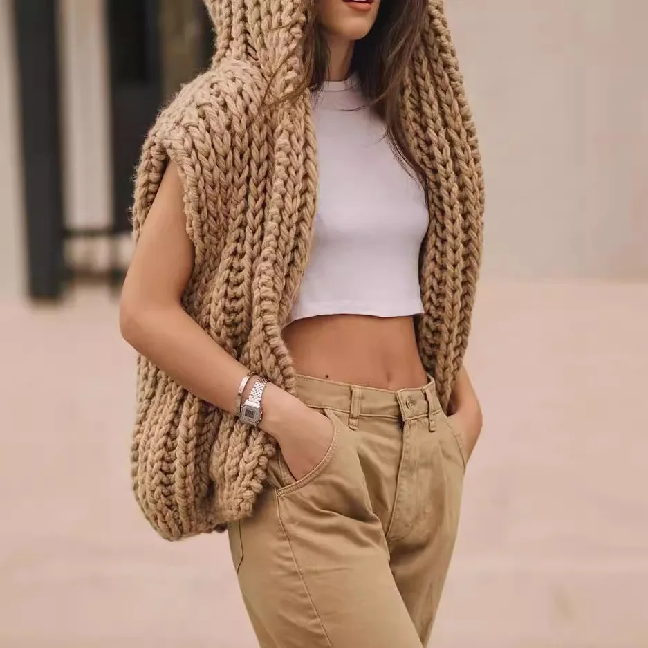 

Autumn Winter New Chic Women Knit Vests Sleeveless Cardigan Chunky Woolen Hooded Casual Sweater Waistcoat Streetwear Design Tops