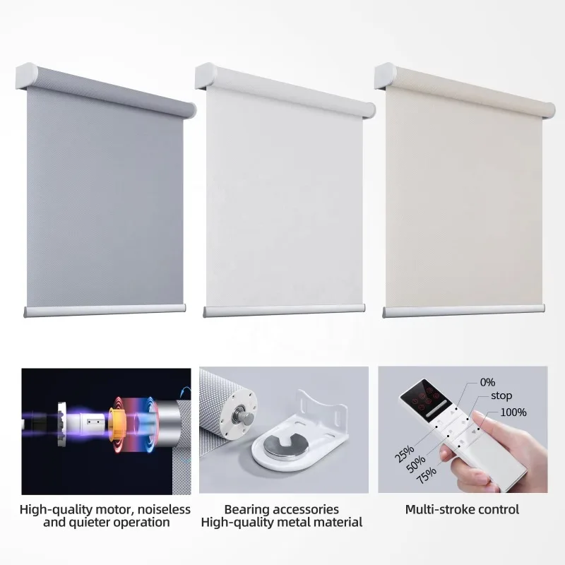 Outdoor Residential French Window Pinhole Technique Horizontal Fabric Pattern Plastic Electric Motor Roller Blinds Shades