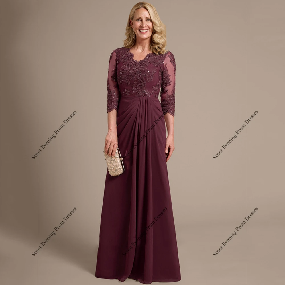 

Burgundy Mother of Bride Dresses with Chiffon 3/4 Sleeve Wedding Party Dresses for Women 2025 Summer Beach Robe De Soirée New