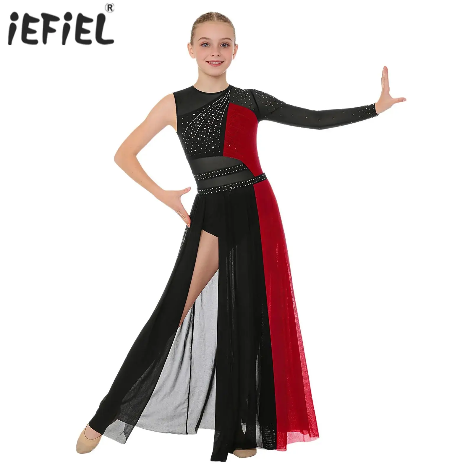 Enfants filles brillant strass gymnastique Ballet justaucorps robe danse lyrique Performance Costume fermeture éclair côté fendu maille robes