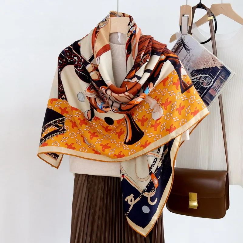 Bufanda con estampado de caballo de lujo para mujer, chales grandes, Poncho, bordes enrollados a mano, Pashmina estola, accesorios de invierno,