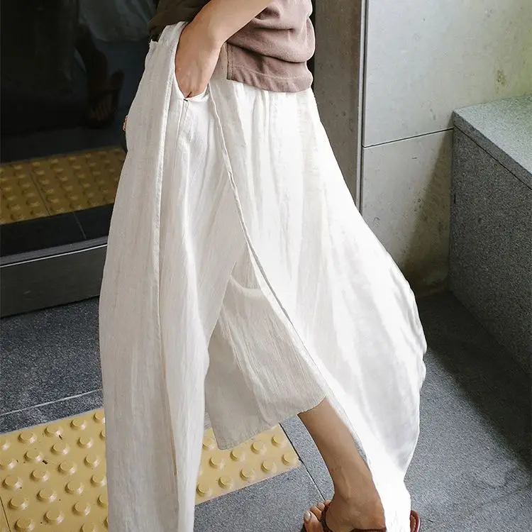 Spring and Summer Large Slit Loose Casual Cropped Cotton and Linen Wide Leg Skirt Pants One-Piece Women