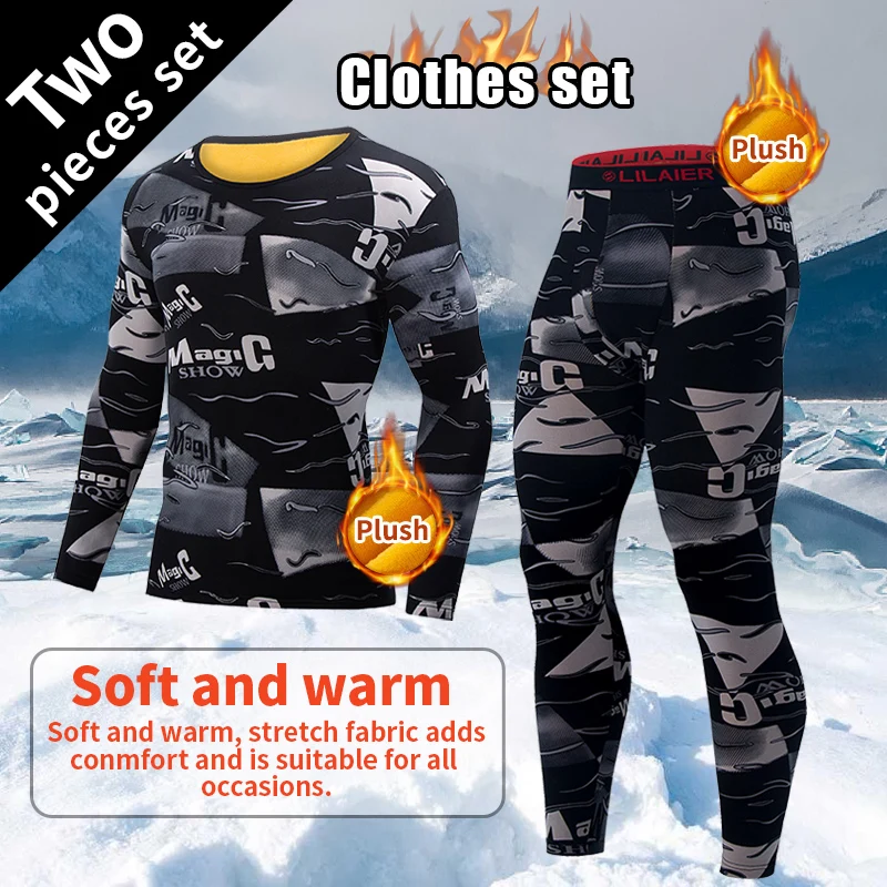 2-piece Autumn And Winter Men's Velvet Warm Printed Set Comfortable Thickened Cold Resistant Round Neck Top Elastic Waist Pants