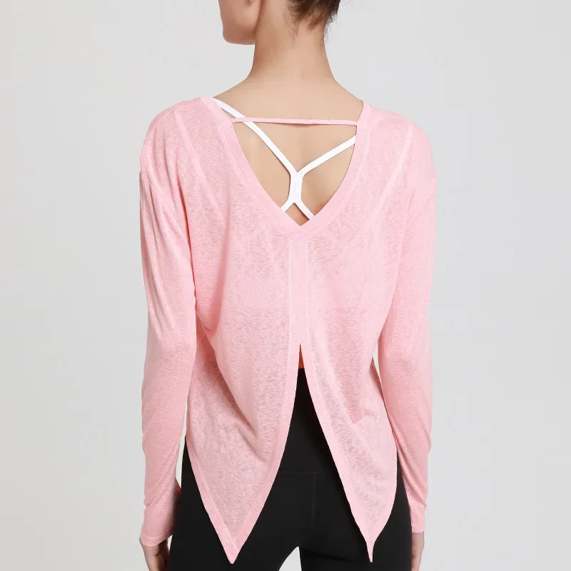 Women Thin Loose Yoga Shirts Bandage Long Sleeves Sports T-Shirts Hollow Out Running Shirt Forked Gym Fitness Tops Blouse Female