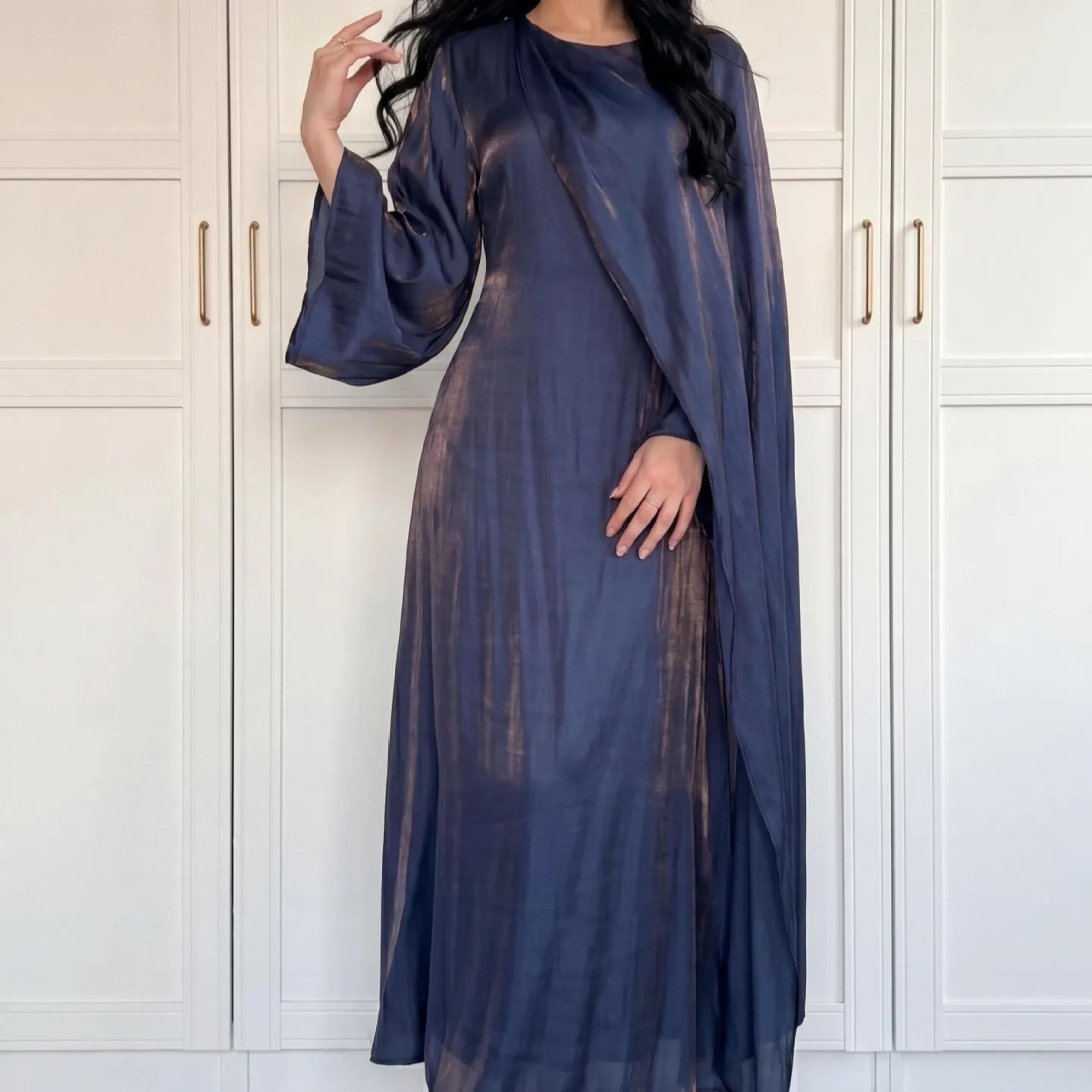Loose Fit Low Waist Dress a Line Style with Maxi Length Wrinkle Finish Straight Cut Slimming Dress Long Sleeve Daily for Women