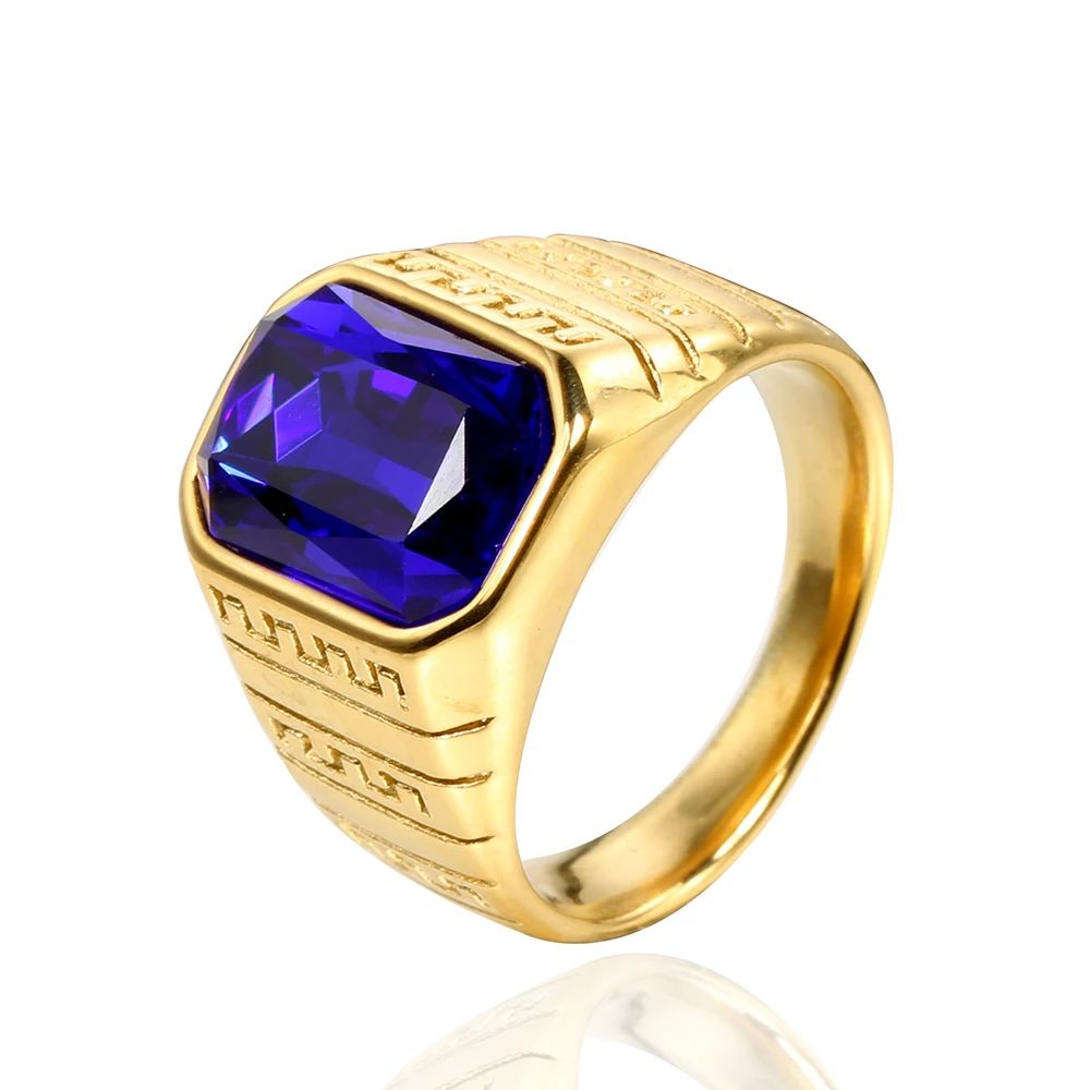 Fashionable pattern carving multicolored square gemstone diamond titanium steel ring