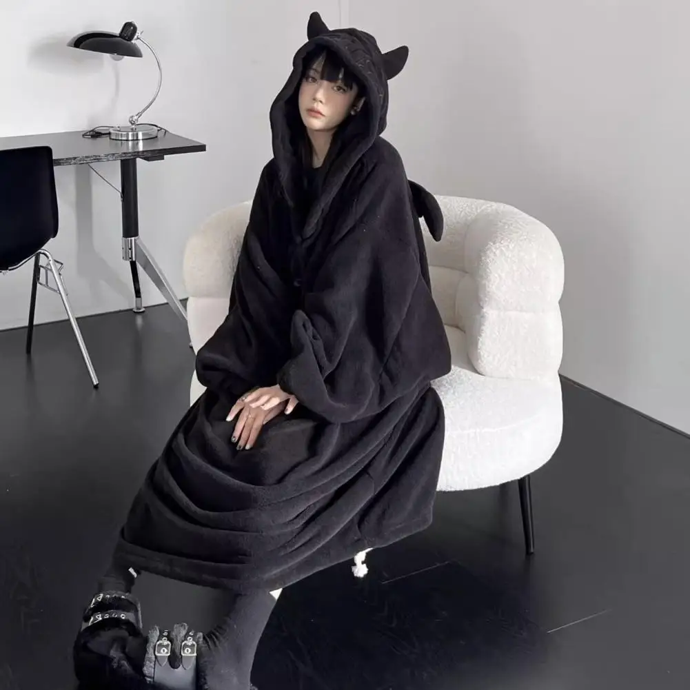 

Thick Plush Long Sleeve Lounge Dress Homewear Winter Women Sleepwear Demon Horn Decor Letter Embroidery Hooded Nightgown
