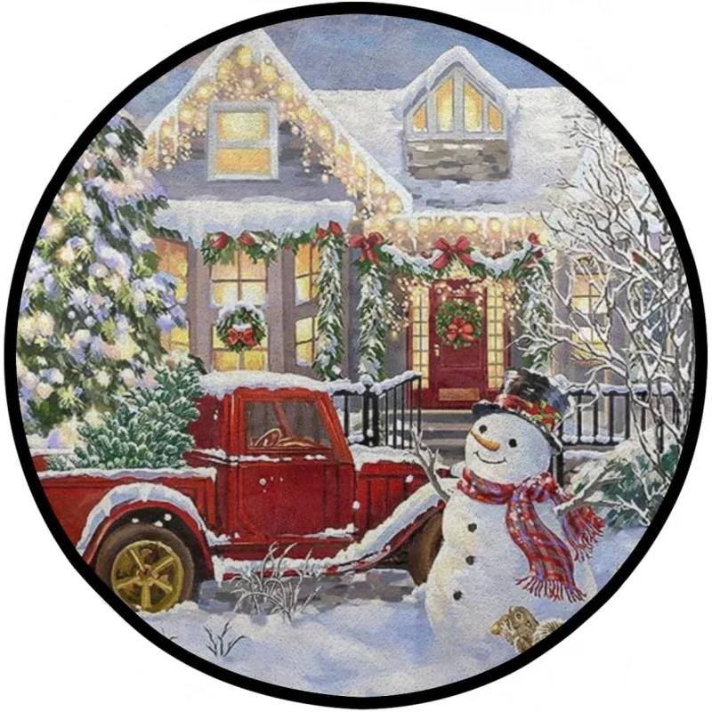 Round Christmas Snowman Carpet Farmhouse Happy New Year Red Truck Snowflake Living Room Bedroom Home Decoration Floor Mat