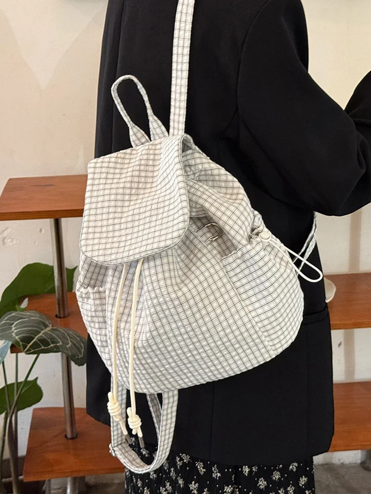 2026 New Plaid Drawstring Backpack, Large Capacity Student Backpack, Lightweight Nylon Backpack, Fashionable Casual Women's Bag
