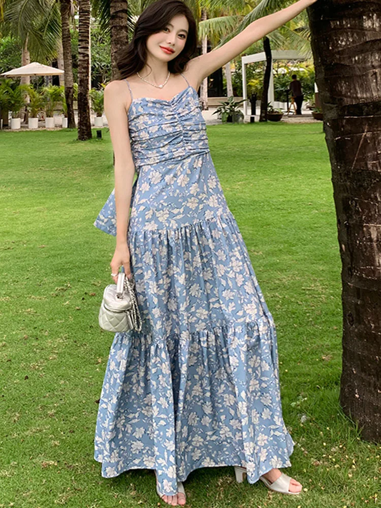 Boho Abito lungo con stampa floreale Donna 2025 Nuova estate Sexy Backless Bowknot Casual Vacanza Beach Stampa Abito lungo Robe