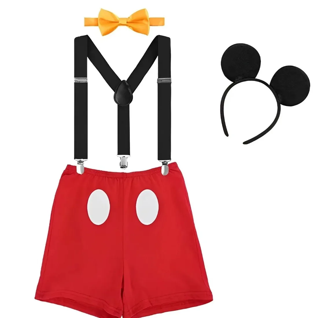 Mickey Mouse Orelha Cosplay Traje para Bebês Meninos, Mickey Roupas, Suspensórios Traseiros, Bloomers, Bowtie Set, Primeiro Aniversário, Conjunto de Roupas