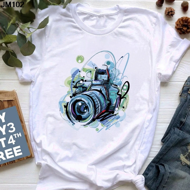 Fashion Camera Print Ladies T-shirt Summer Thin Women Streetwear Short Sleeve Tshirt Harajuku White Tops Female Clothing T Shirt