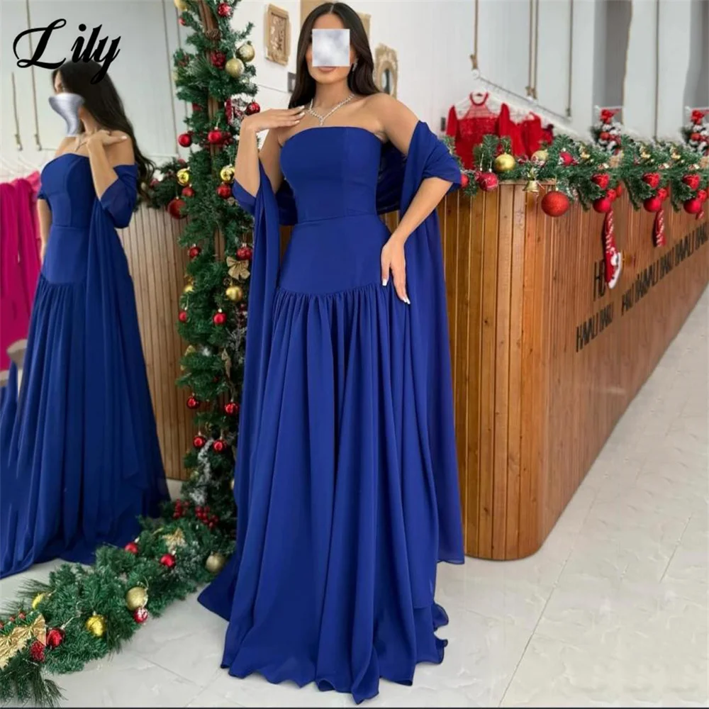 

Lily Royal Blue Evening Dresses Strapless Formal Gown Dress Beach Chiffon Night Dress with Matching Shawl robe de bal Customized
