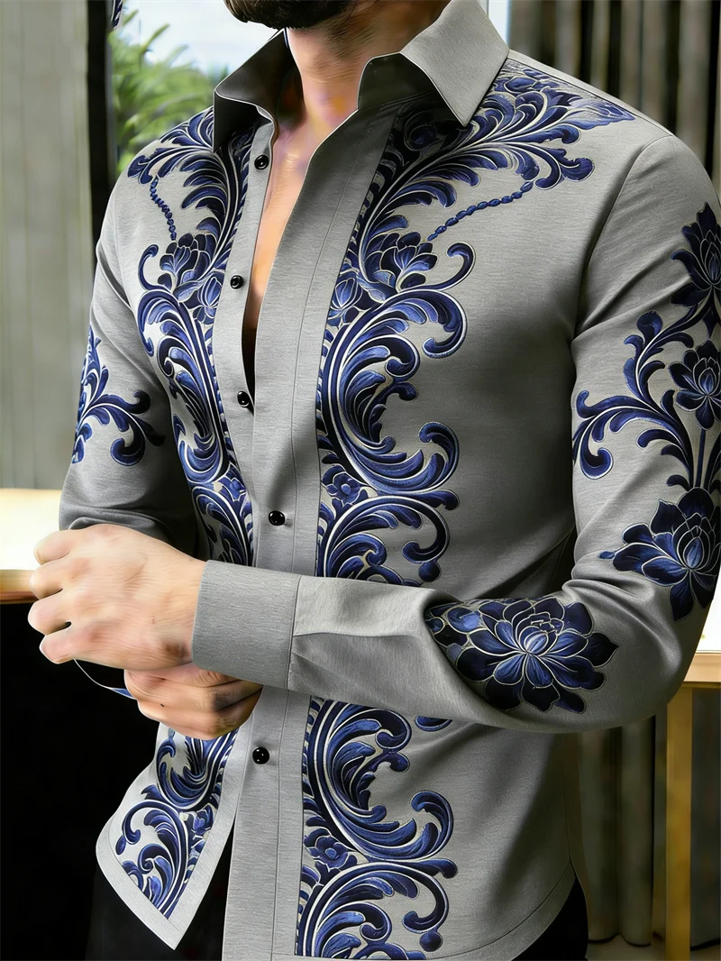 New men's 11 color pattern 3D flower print long sleeved shirt with high-quality and casual long sleeved collar top