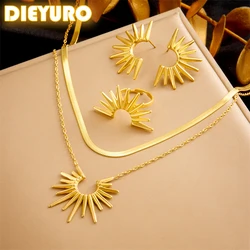 DIEYURO 316L Stainless Steel Golden Geometric Sun Flower Bilayer Necklace Earrings Ring Women New Trend Non-fading Jewelry Set
