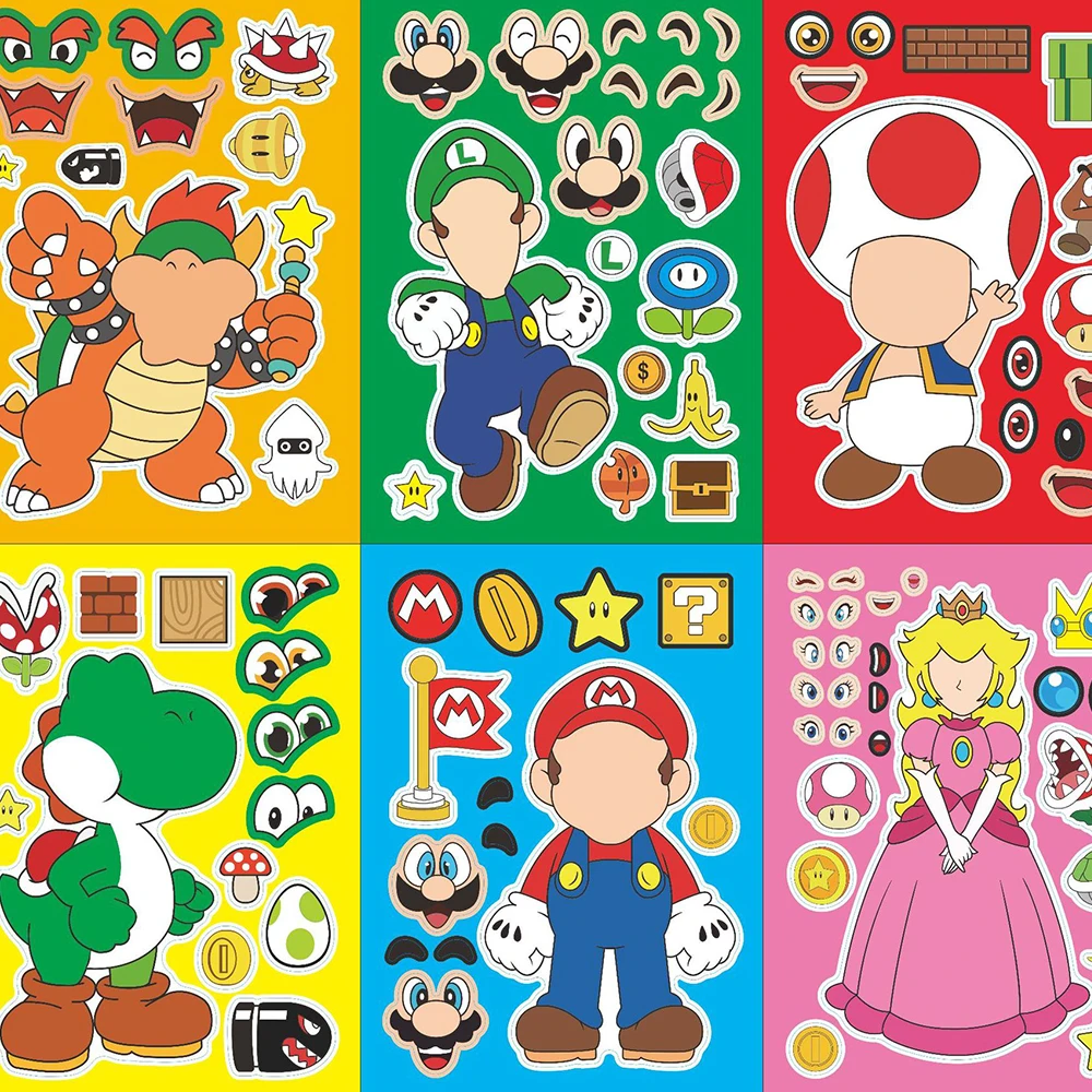 

6/12Sheets Super Mario Bros Make A Face Puzzle Stickers Kids Make Your Own DIY Game Children Cartoon Jigsaw Education Toys Gift