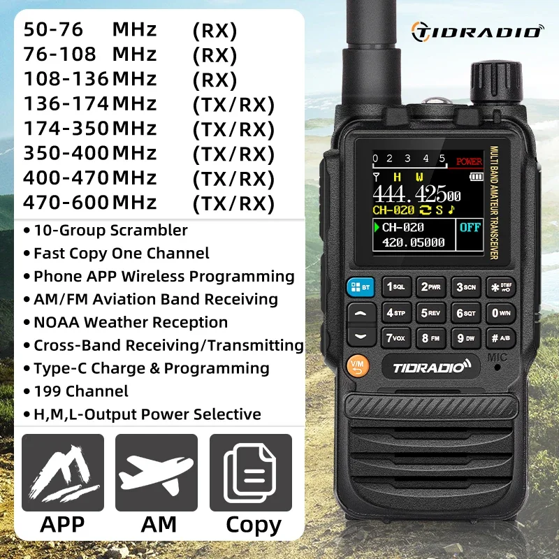 TIDRADIO H3 Walkie Talkie Aplicación de teléfono Programación inalámbrica Banda aérea Radio de largo alcance Cable USB tipo C Programación y carga