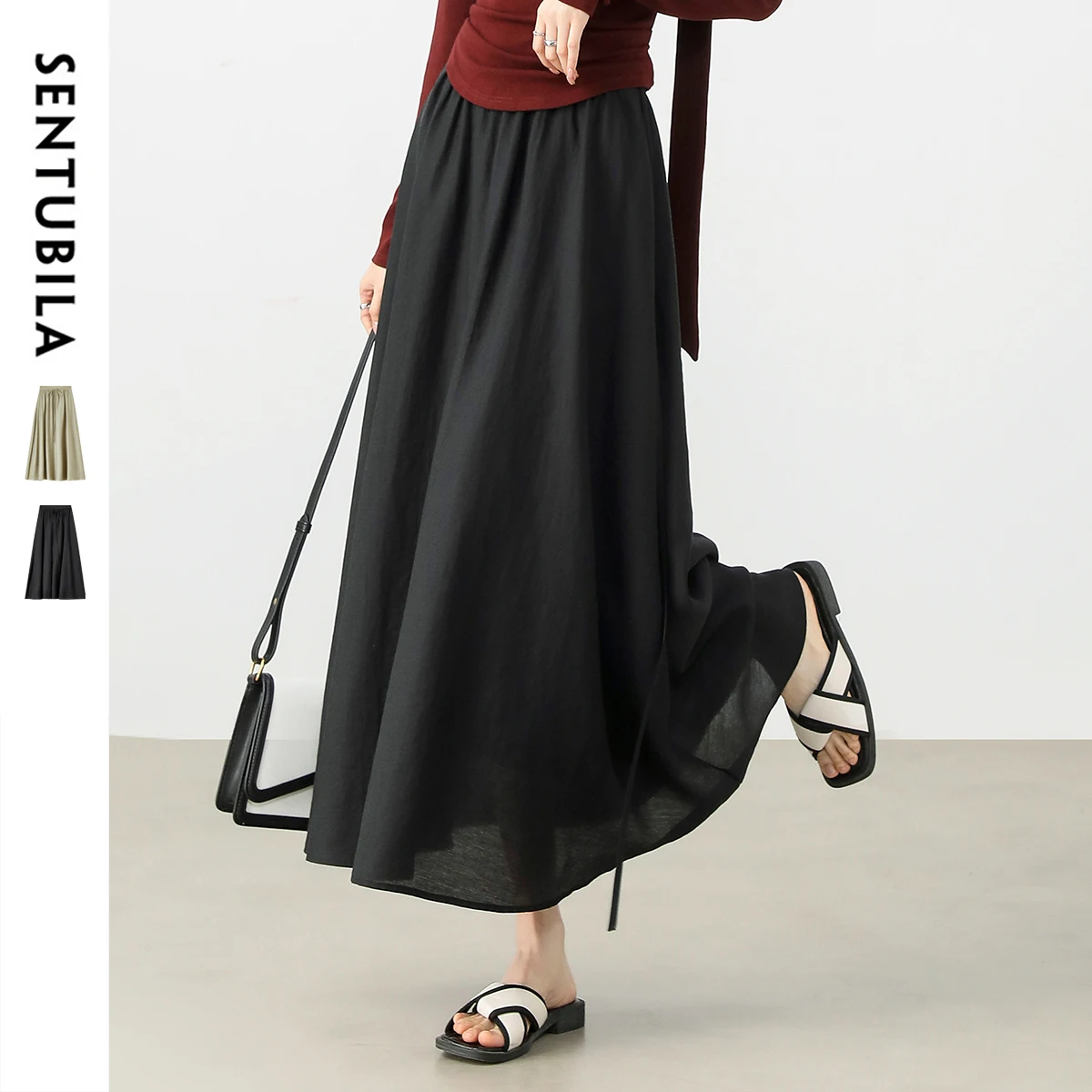 

SENTUBILA Black Skirt Women Wool Blend 2025 Elegant A-Line Lace-Up High-Waist Casual Long Skirts Women's Summer Clothes151Q58165