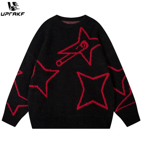 UPRAKF Letter Sweater Autumn Crew Neck Baggy High Street Casual Fashion Streetwear Warm Basic Pullover