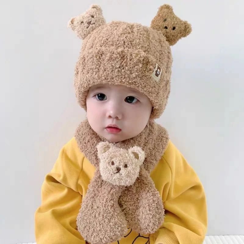 Winter Kids Hat Two-piece Warm Outdoor Wool Caps Scarf Set Plush Soft Cozy Hat Scarf for Boy Girl 6M-4Y Adorable Bear Beanie Cap