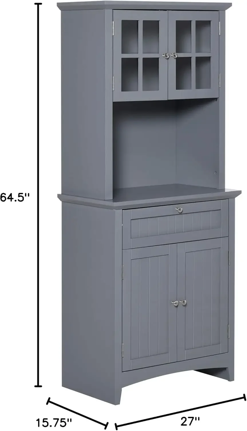 Elegant Buffet with Hutch, Kitchen Pantry Storage Cabinet with Framed Glass Door Drawer and Microwave Space, Grey