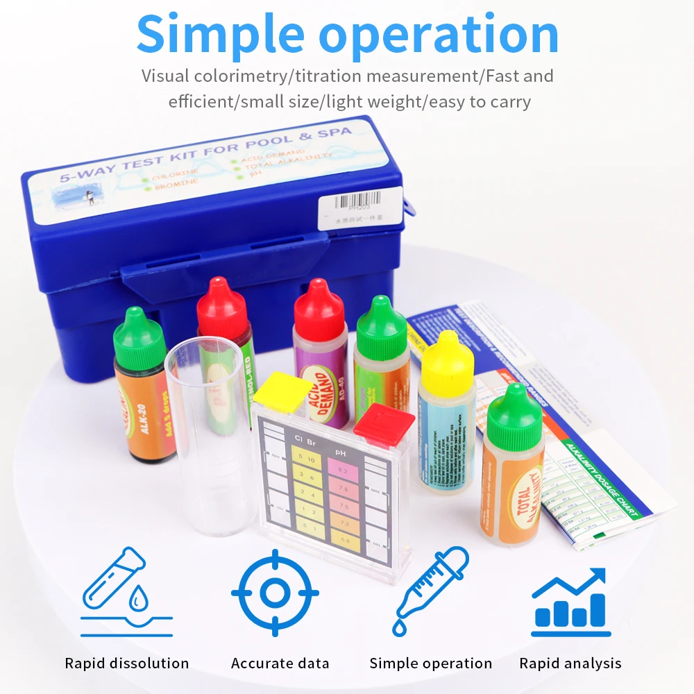 Pool Water Test Kit Chlorine Ph Bromine Alkalinit Acid Demand 5-Way Test Kit Inspection Liquid Water Quality Component Test Box