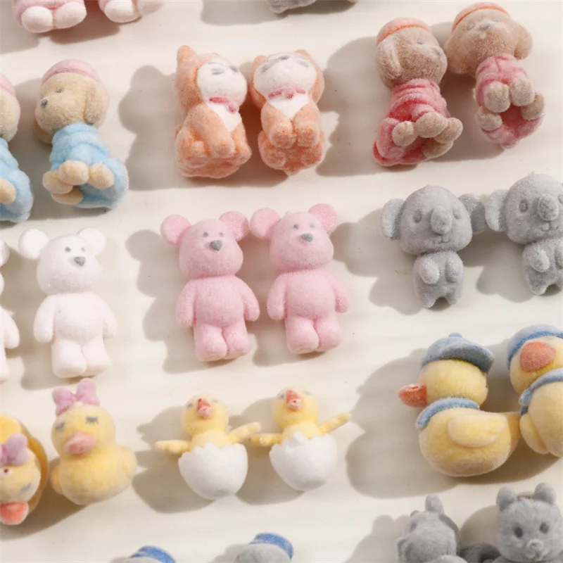 Winter style 30pcs/lot color flocking cartoon animals bears dogs duck. shape resin half hole beads diy jewelry accessory