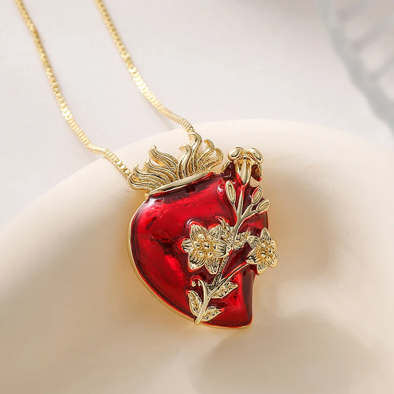 GANPUP Stilvolle Kreative Rote Herz-Anhänger Halskette für Damen, Modische 18K Gold PVD-beschichtete Schlüsselbeinkette, Choker Schmuck Geschenk – Detail 6