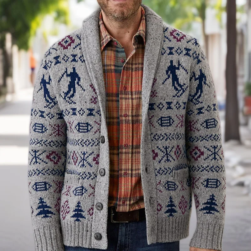 

New Autumn/Winter Men's Clothing: Lapel Long-Sleeve Jacquard Knit Sweater, Single-Breasted Trendy Cardigan