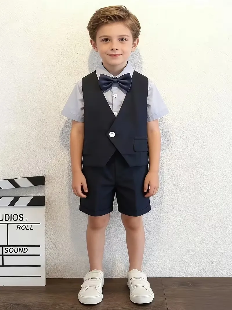 90-170 Russia Boys Summer 4Pieces/Set Vest Shirt Shorts Bowtie Birthday Suit Children Photography Dress Kids Wedding Outfit