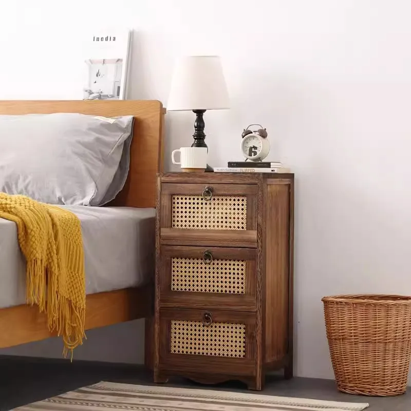 

Medieval rattan solid wood bedside table, small cabinet, storage edge, Nordic simple drawer type multi-layer shelf