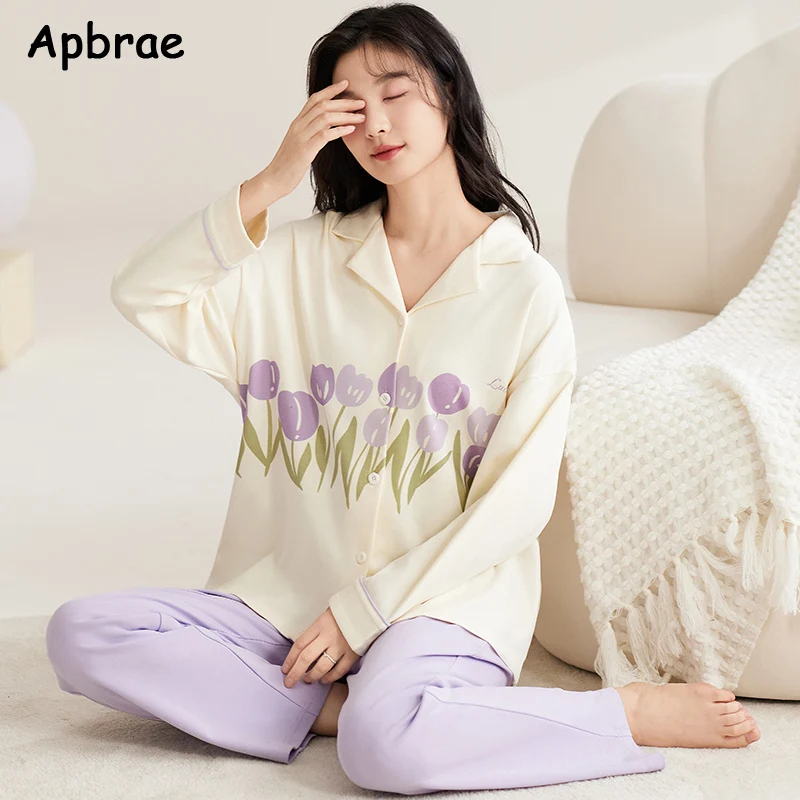 Tulip Print Pajamas for Women Autumn Winter Long Sleeves Cotton Pajama Sets Simple Style Sleepwear Woman Cardigan Nightwear