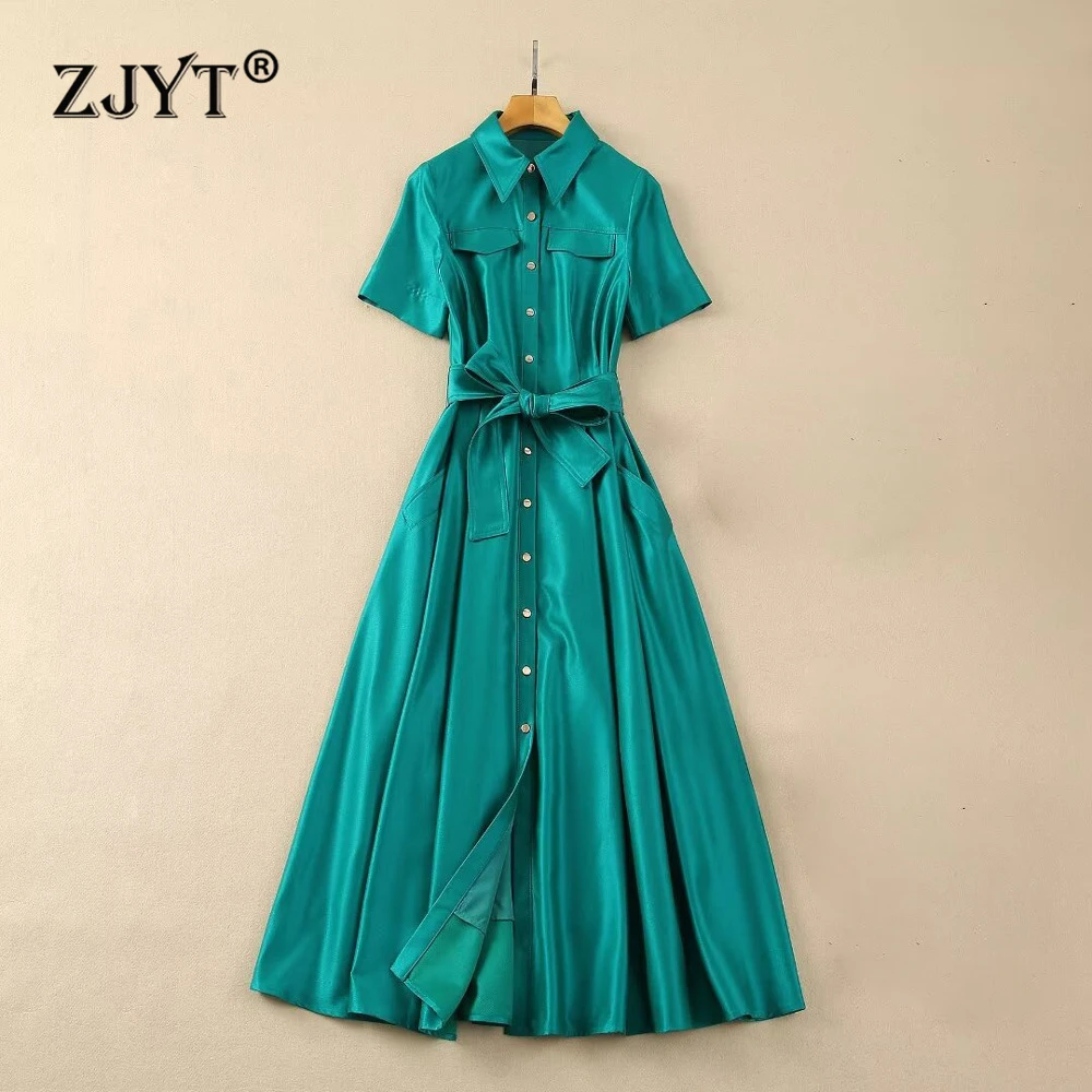 

ZJYT 2024 Summer Single Breasted Midi Shirt Dresses for Women Fashion Short Sleeve Lace Up Aline Casual Daily Dress Party Robes