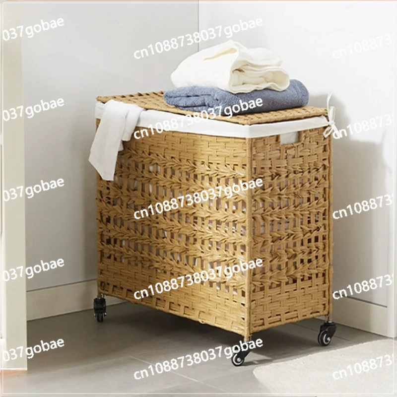 Natural rattan laundry basket, hand-woven, foldable, with cloth lining, movable pulley, and sliding wheels for laundry storage