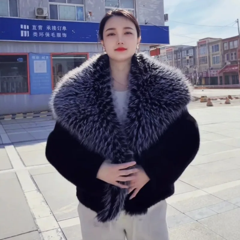 

2026 New Environmentally Friendly Fur Jacket Fox Fur Collar Short Coat 2026 New Korean Thick Warm Jackets Furry Outerwear