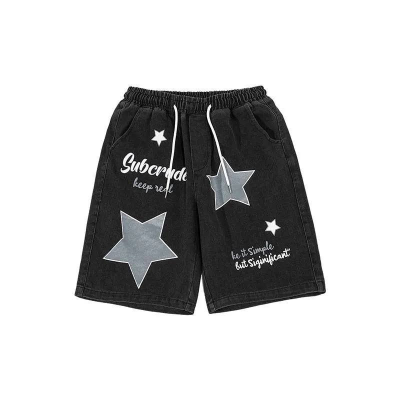 

Summer men's pants Y2K retro letters stars denim shorts couple summer loose straight beach party hundred casual street pants