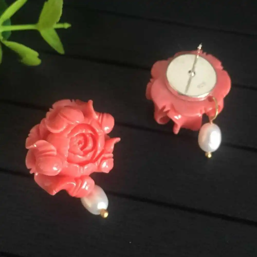 2022 New Hibiscus Mutabilis pearl pink coral flower earrings Ear stud Hook Christmas VALENTINE'S DAY